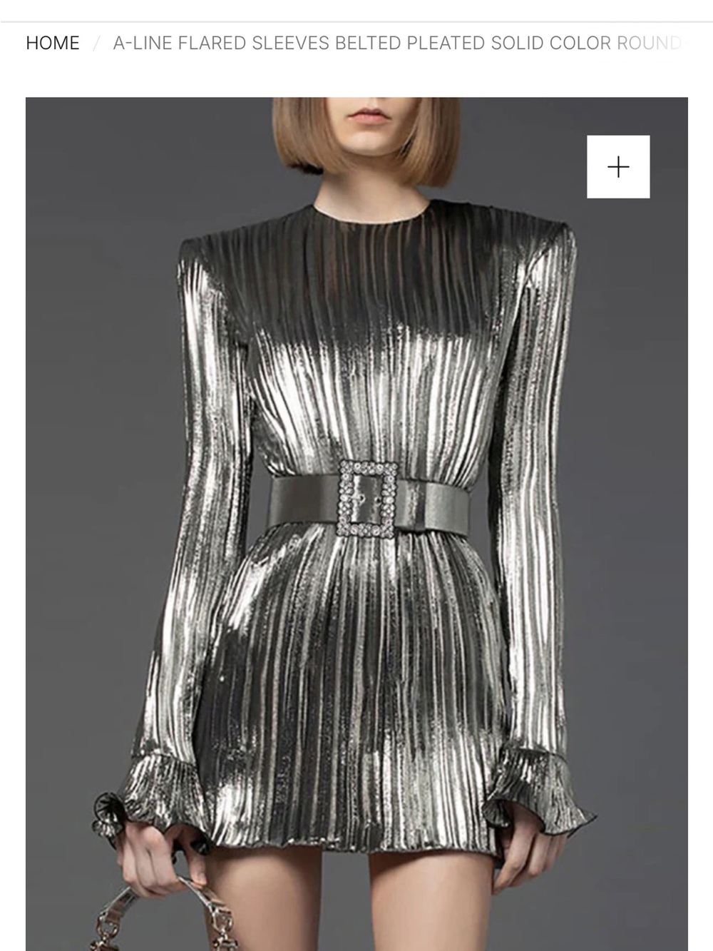 Metallic Pleated Long-Sleeve Mini Dress in Silver with belt.